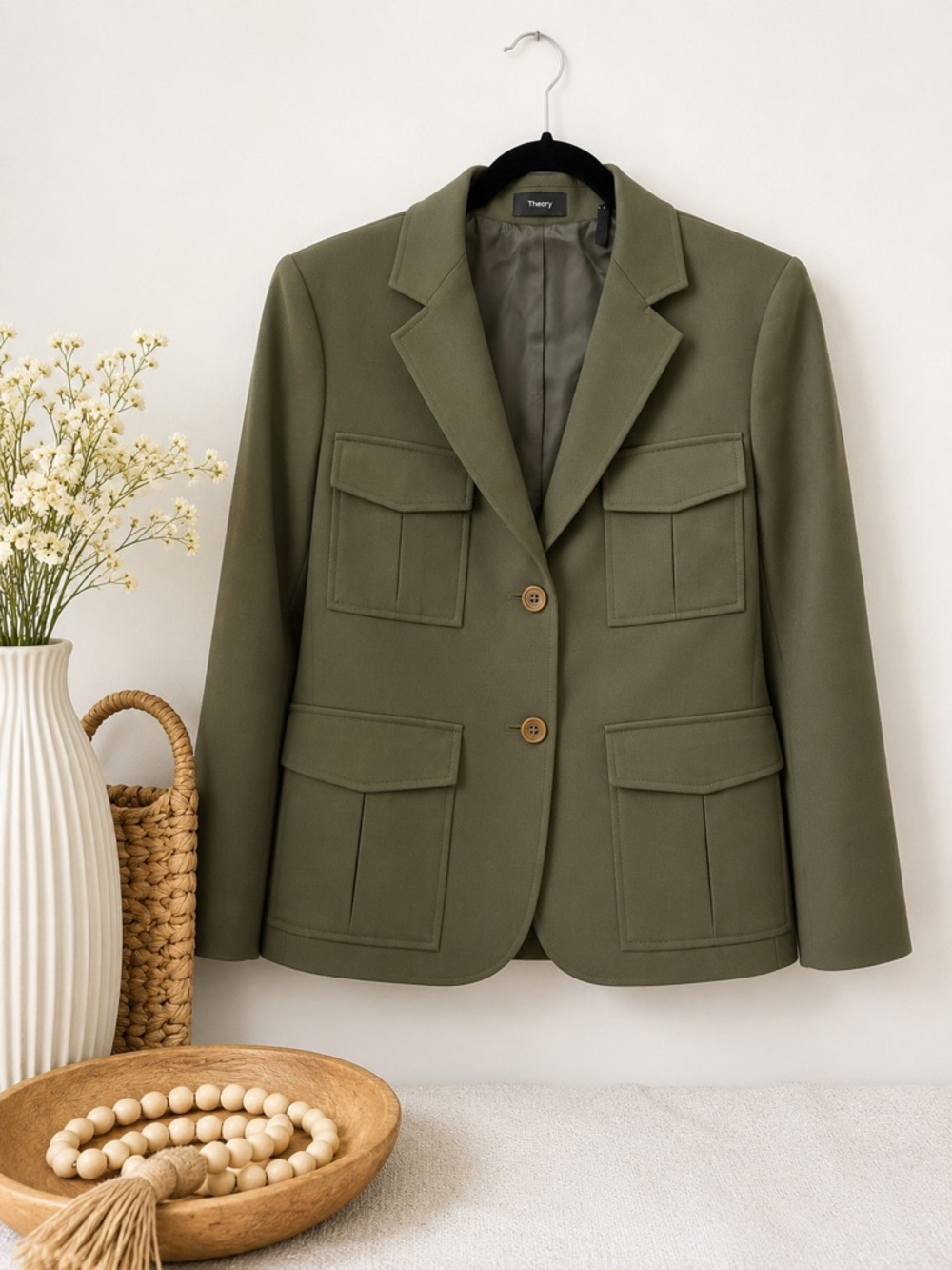 Theory Olive Green Utility Blazer 4 Pocket Tailored Jacket Size 10 โญ
